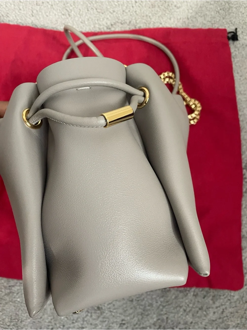 Carolina Herrera Leather Drawstring Crossbody Bucket Bag with Gold Hardware